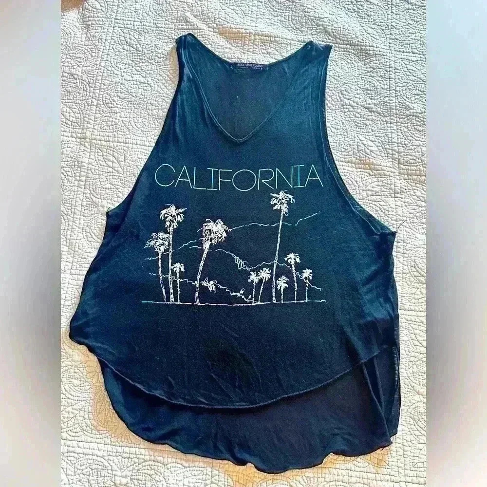 Rock Rose Classic black loose California tank top. Palm trees